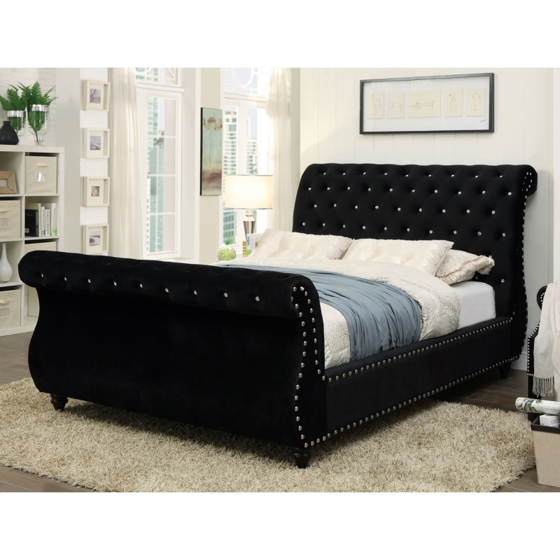 Black Glam Sleigh Bed with Crystal Accents