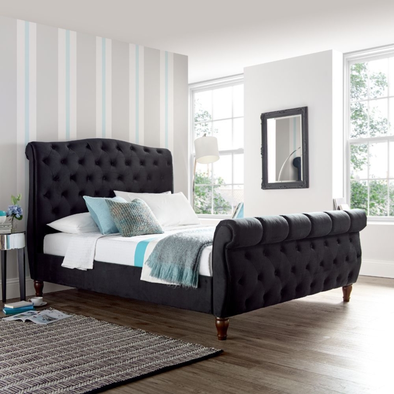 Black Velvet Sleigh Bed Frame in Modern Bedroom