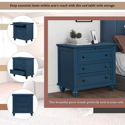 Blue 3-Drawer Storage Bedside Cabinet with Pull-out Tray