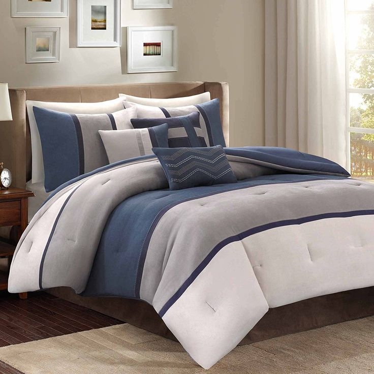 Blue Grey Striped Luxury King Comforter Set