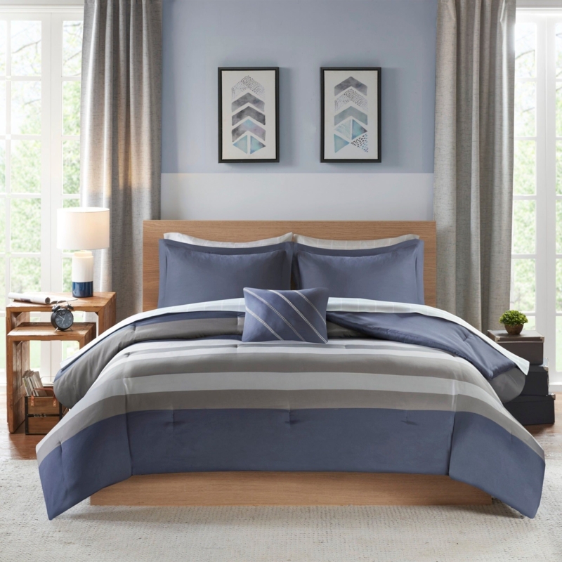Blue Grey Striped Modern Bed Set with Artwork