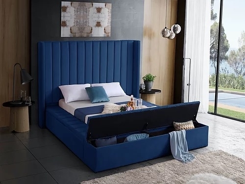 Blue Velvet Bed With Channel Tufting And Storage Benches CIF-5721 ...