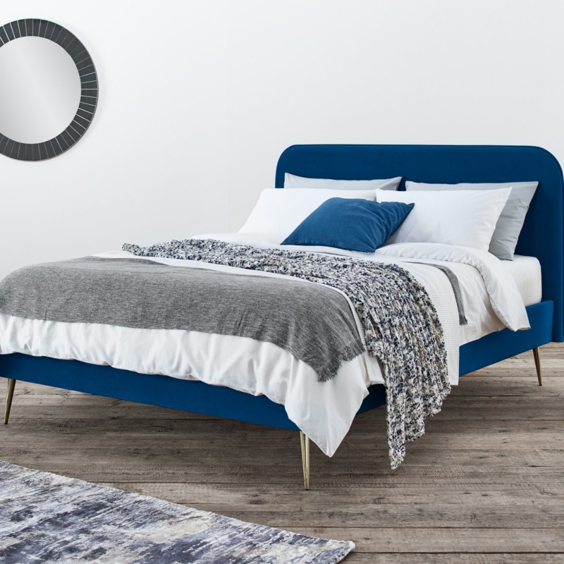 Blue Velvet Upholstered Bed Frame with Gold Legs