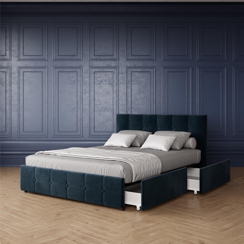 Blue Velvet Upholstered Queen Bed with Storage