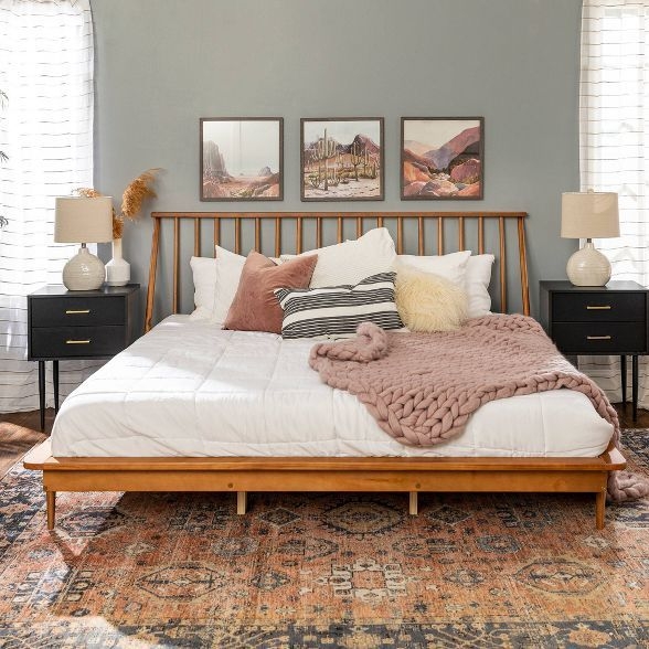Boho Solid Wood Spindle King Bed with Cozy Accents