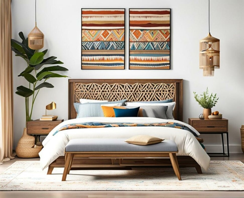 Boho Style Bed Frame with Intricate Wood Headboard