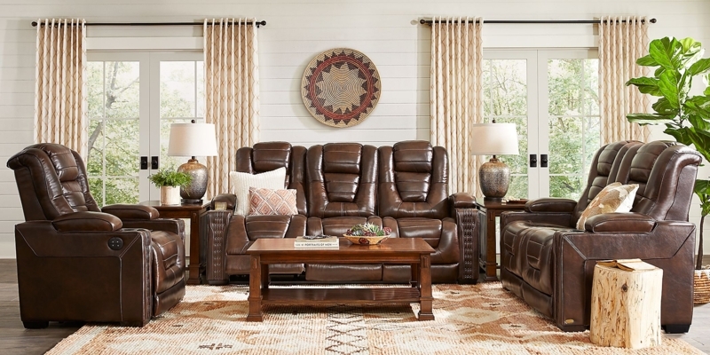Brown Leather Dual Power Reclining Living Room Set