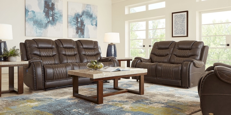 Brown Leather Living Room Set with Modern Accents