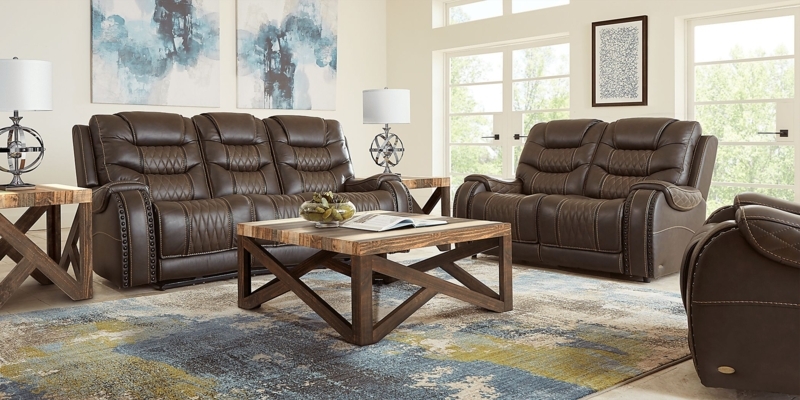Brown Leather Sofa Set with Rustic Wood Coffee Table