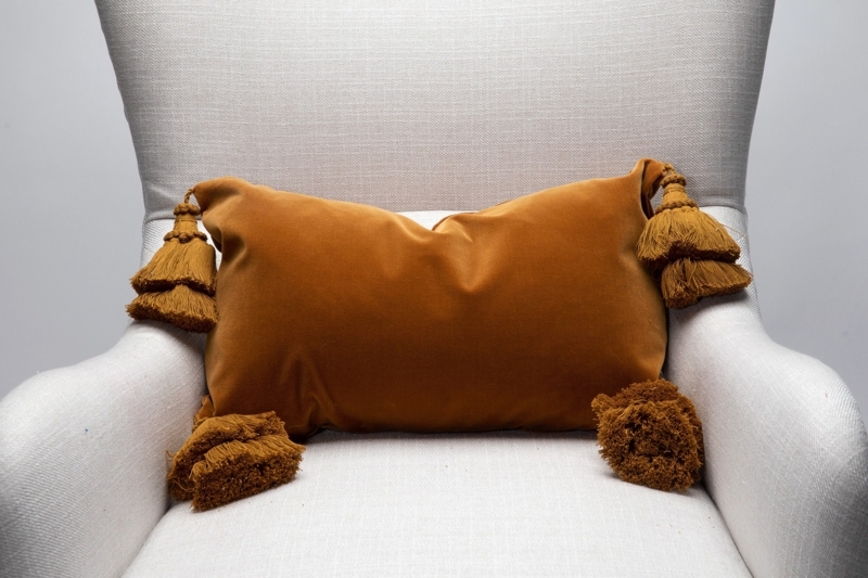 Brown Velvet Pillow with Tassels on White Chair