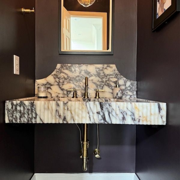 Calacatta Viola Marble Sink, Wall Mounted Vanity Sink, Bathroom Stone ...