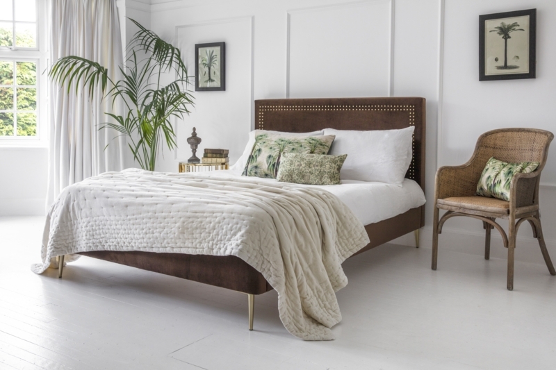 Calvados Brown Velvet Studded Bed with White Bedding