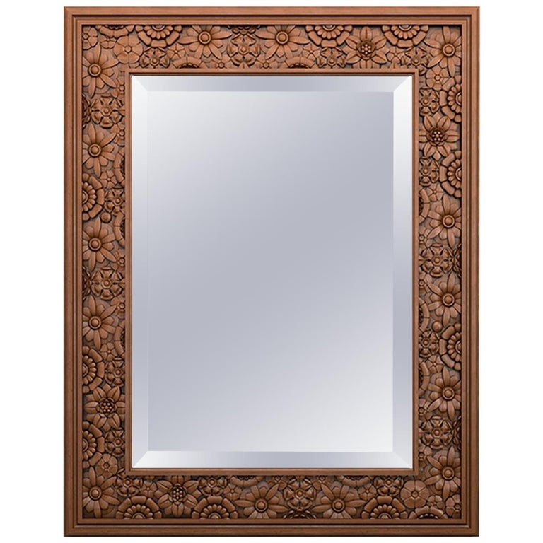 Carved Wood Wall Mirror Frame with Floral Relief