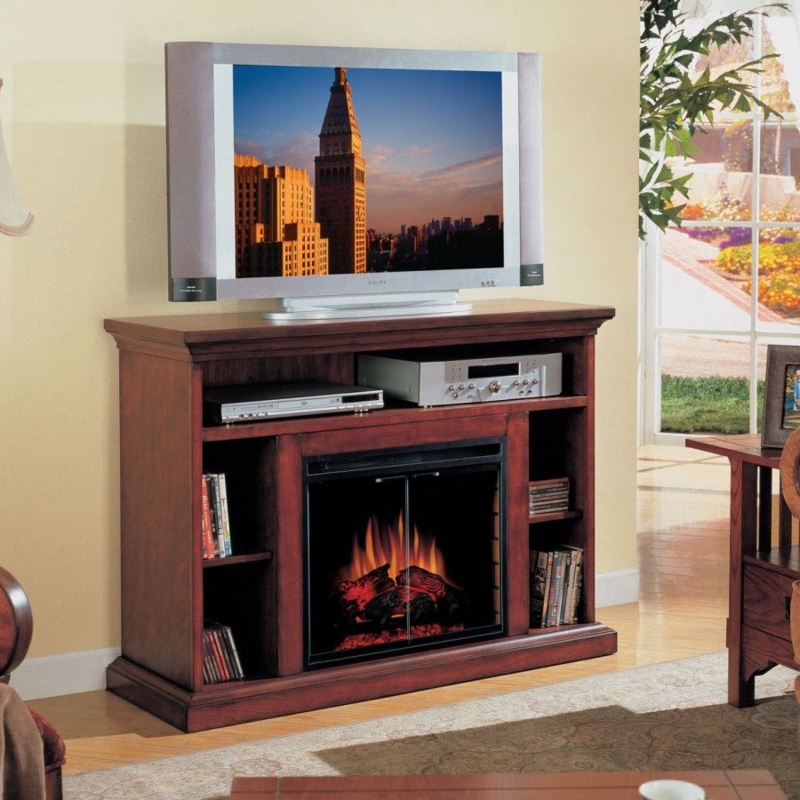 Cherry Wood Fireplace TV Stand with Storage Shelves