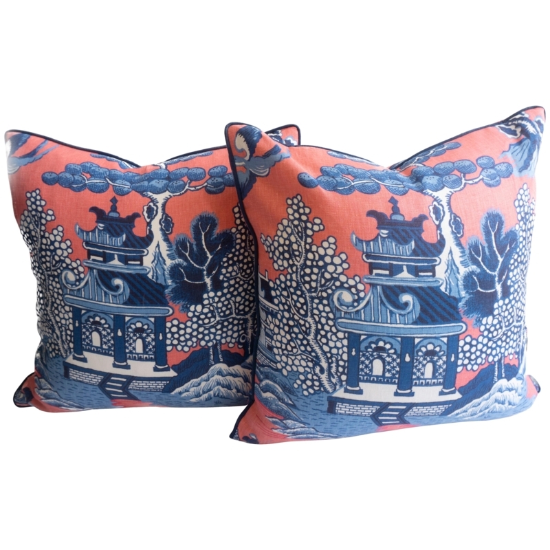 Chinoiserie Blue and Coral Throw Pillows