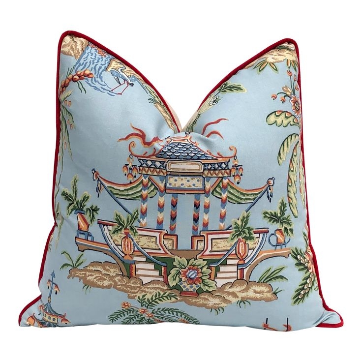 Chinoiserie Blue Tea House Decorative Pillow