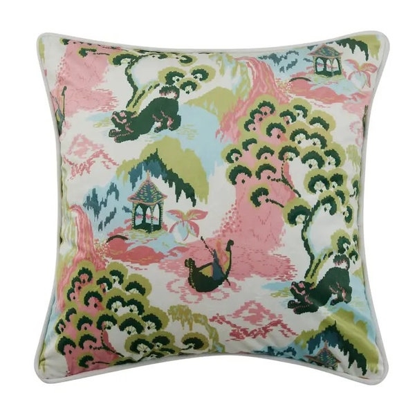 Chinoiserie Decorative Pillow with Pastel Landscape Design