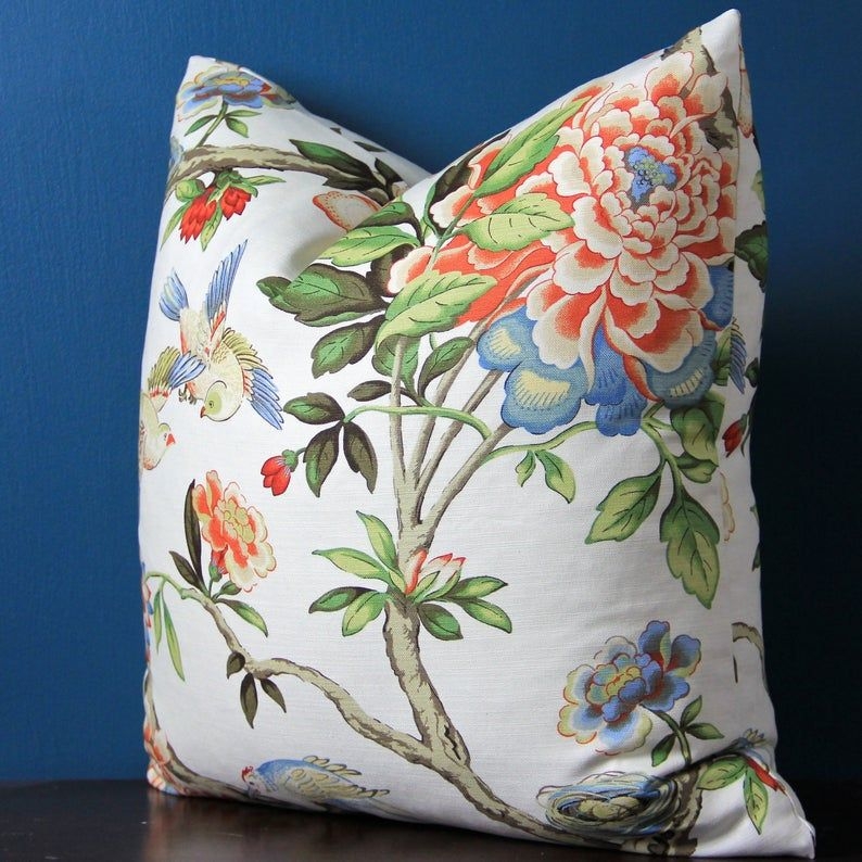 Chinoiserie Floral Peony and Bird Pillow Cover