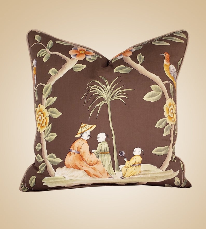 Chinoiserie Linen Pillow Cover with Floral and Figurative Design