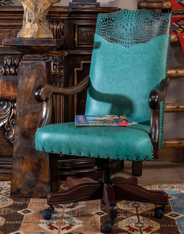 Chisum Turquoise Leather Desk Chair with Wooden Accents