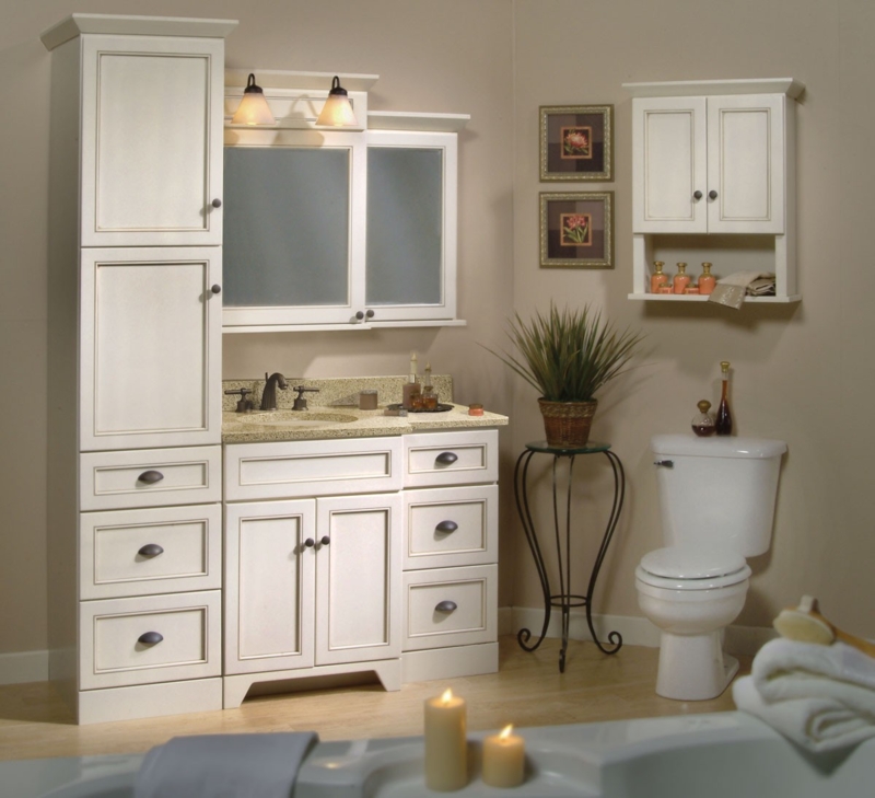 Classic White Bathroom Linen Storage Cabinets