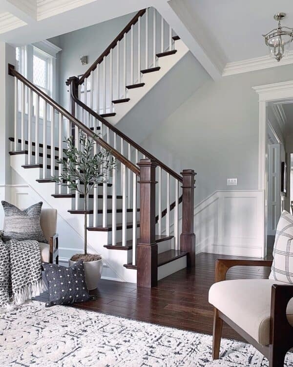 Classic Wooden Staircase with Soft Gray Walls