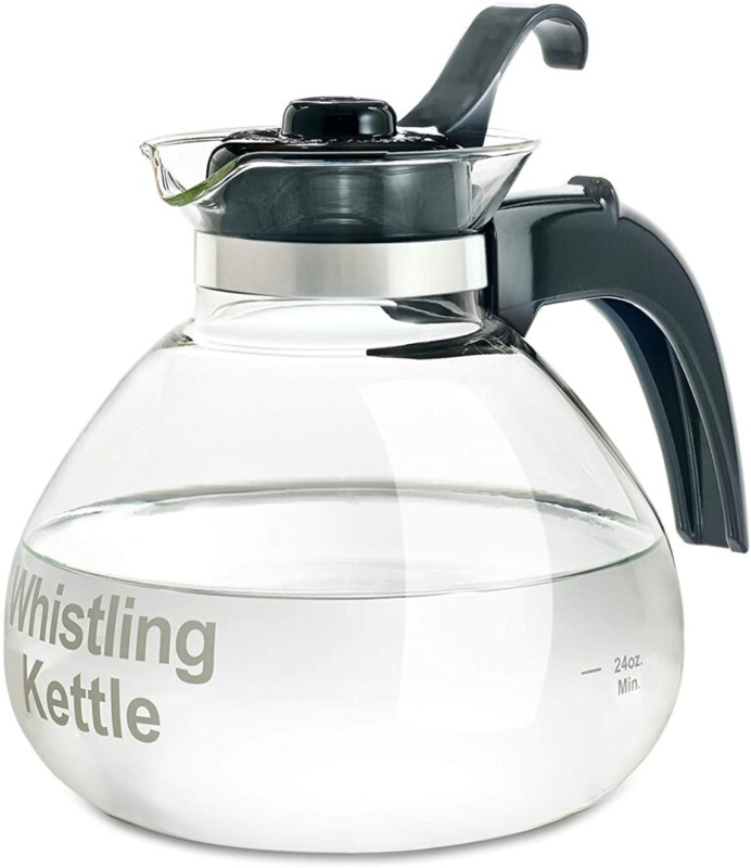 Clear Glass Whistling Tea Kettle with Black Handle