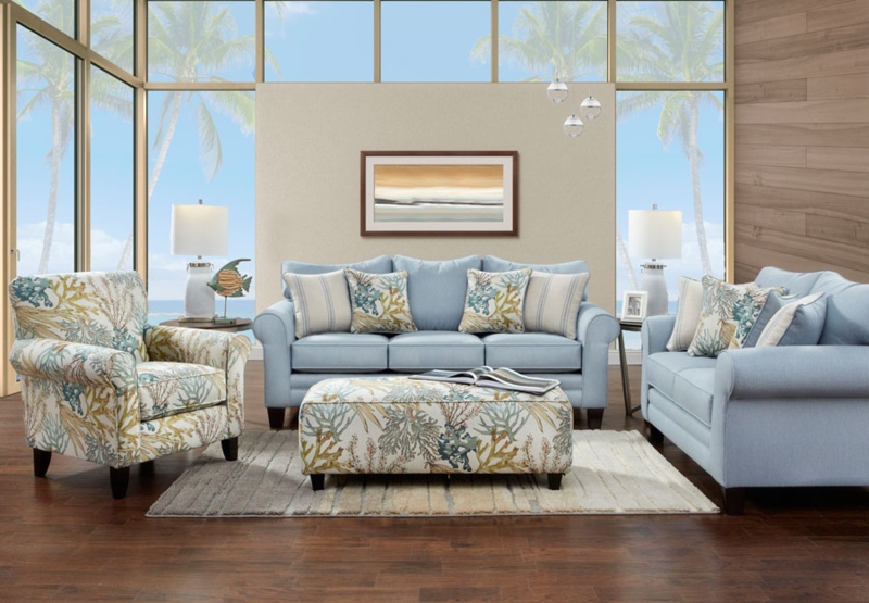 Coastal Blue Sofa Set with Coral Reef Accents
