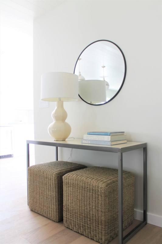 Coastal Console Table with Jute Ottomans and Round Mirror