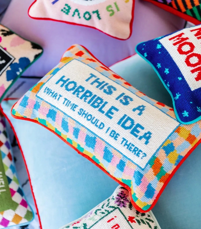 Colorful Funny Needlepoint Pillows with Quirky Sayings