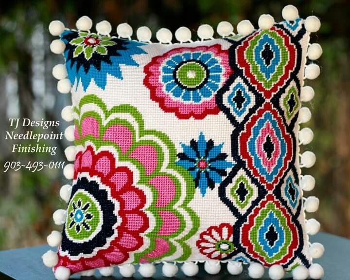 Colorful Needlepoint Pillow with Pom Pom Trim
