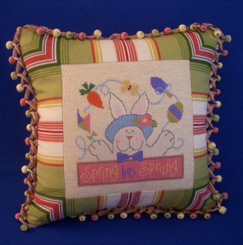Colorful Spring Bunny Needlepoint Accent Pillow