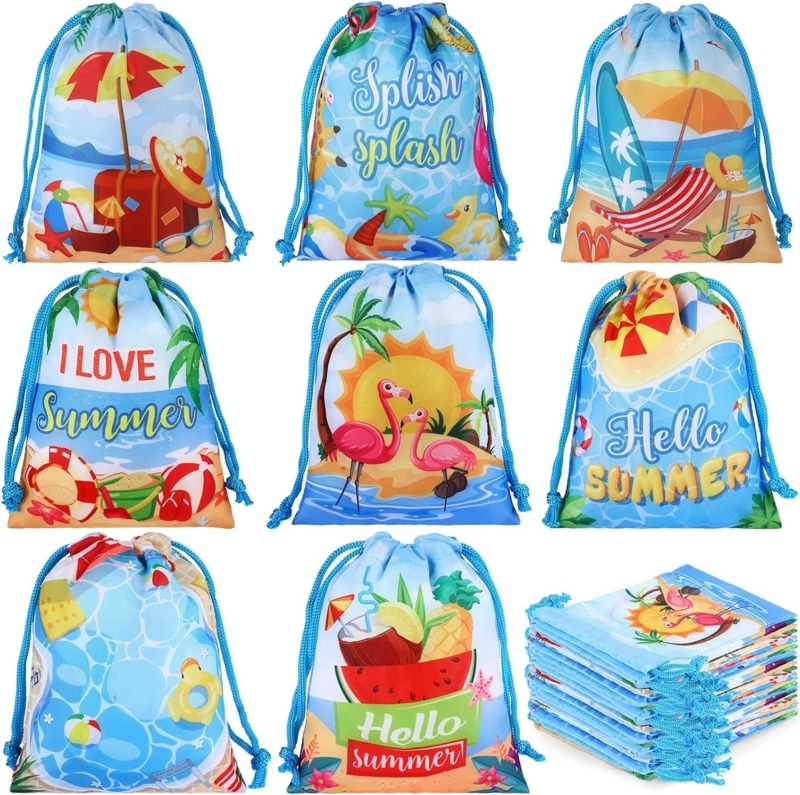 Colorful Summer-Themed Drawstring Pool Gift Bags