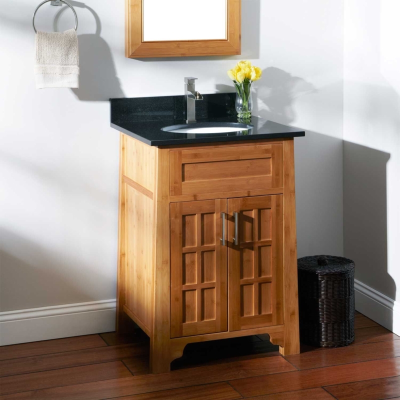 Compact Bamboo Vanity with Black Granite Countertop