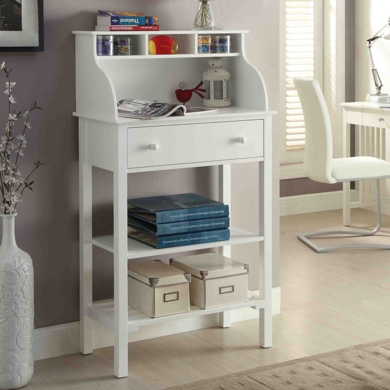Compact White Secretary Desk with Storage Shelves
