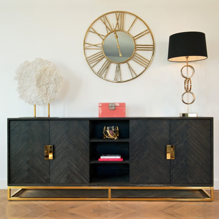 Contemporary Black Oak Sideboard with Gold Accents