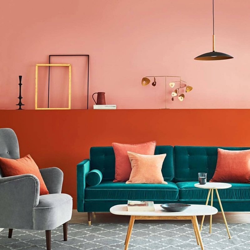 Coral and Teal Living Room with Bold Color Contrast