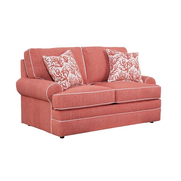 Coral Fabric Loveseat with Coastal Throw Pillows