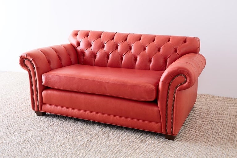 Coral Red Leather Tufted Chesterfield Sofa Settee at 1stDibs | coral ...