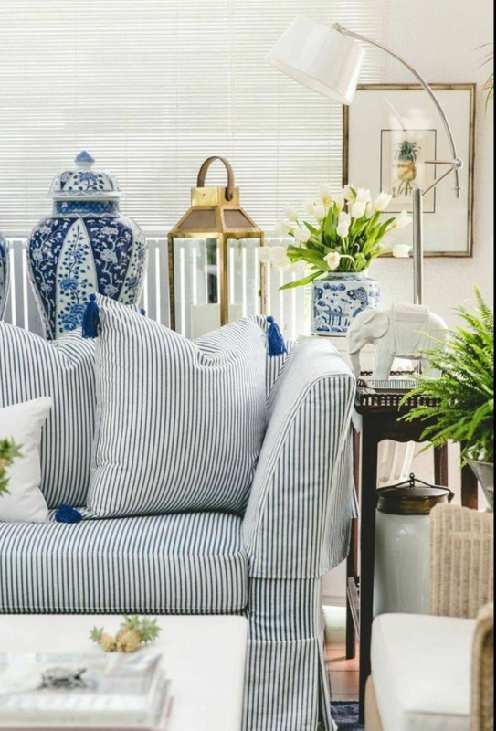 Cozy Blue and White Striped Sofa Living Room