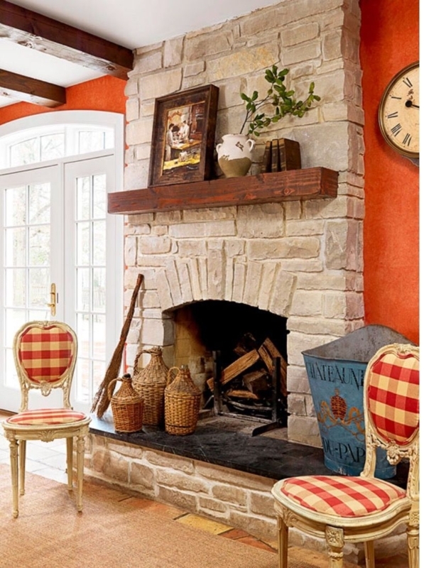 Cozy French Country Farmhouse Stone Fireplace