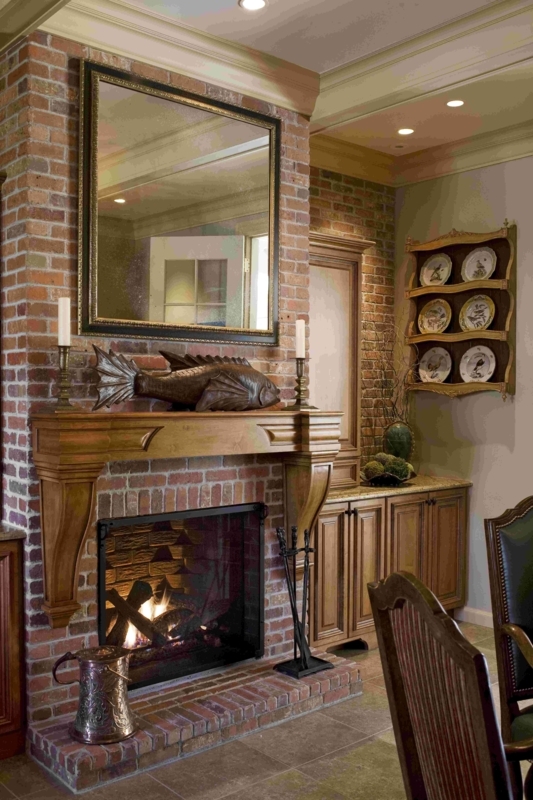 Cozy French Country Kitchen with Brick Fireplace
