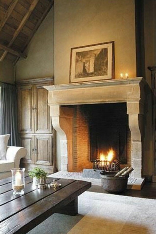 Cozy French Country Stone Fireplace Design