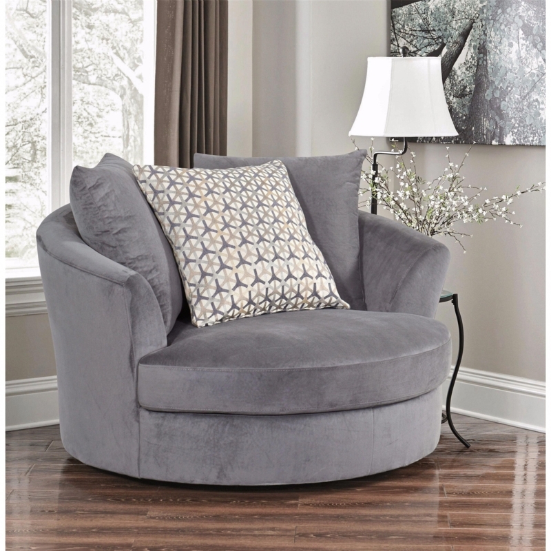Cozy Grey Fabric Round Swivel Chair with Patterned Pillow