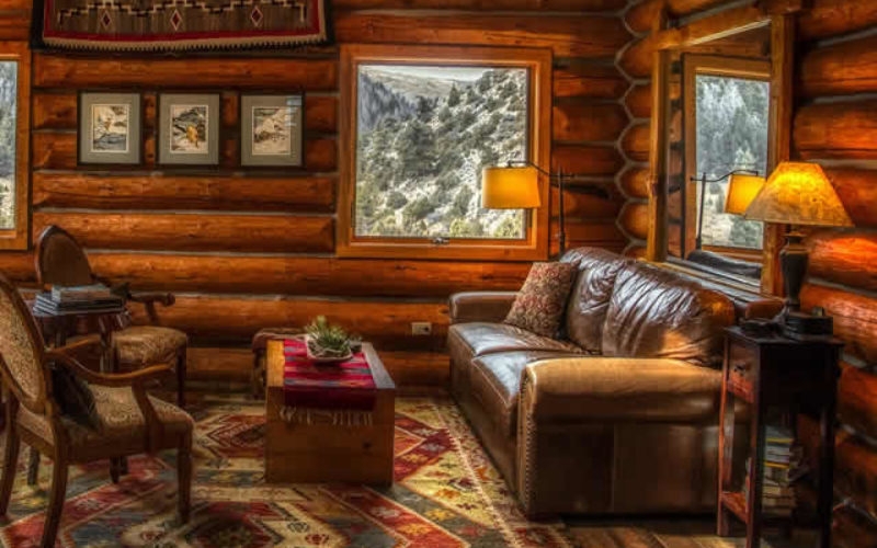 Cozy Log Cabin Living Room with Leather Sofa