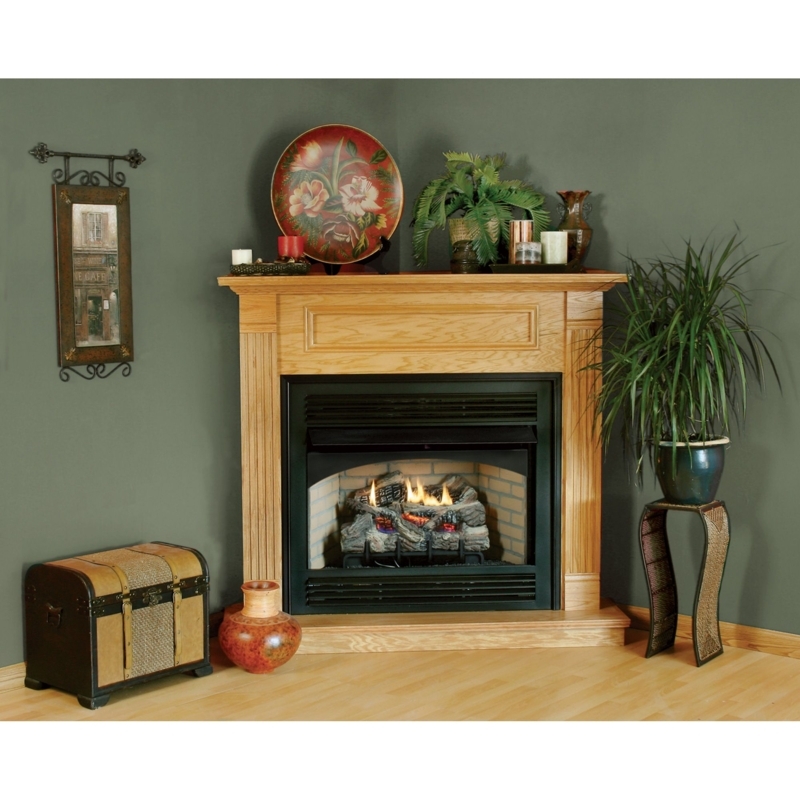 Cozy Oak Fireplace Mantel with Lush Green Plants