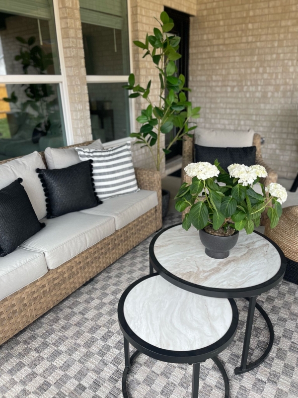 Cozy Outdoor Patio with Neutral Tones and Greenery