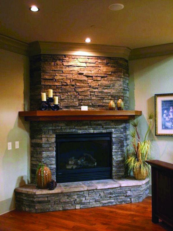 Cozy Rustic Stone Corner Fireplace with Wooden Mantel