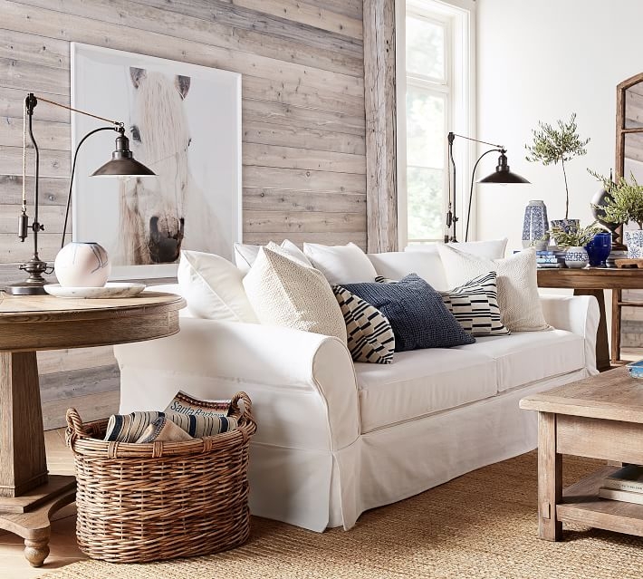 Cozy White Sofas with Blue Accent Pillows