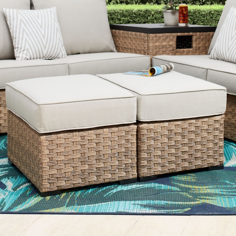 Cozy Wicker Patio Ottoman Set with Cream Cushions